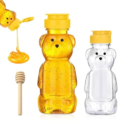 GIUSOBG 2 Stück Kristall Honigspender 250ML+350ML Bär Honigspender Transparent Squeeze Flasche mit Honigstick und Deckel, Wiederverwendbarer Honigbehälter zum Aufbewahren und Abmessen von Honig