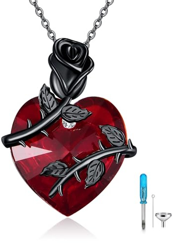 DAYLINLOVE Schwarze Rose Urne Kette für Asche 925 Sterling Silber Goth Rose Herz/kreuz Anhänger Halskette Gotische Einäscherung Gedenkstätte Andenken Schmuck Geschenk für die Asche Geliebter Menschen