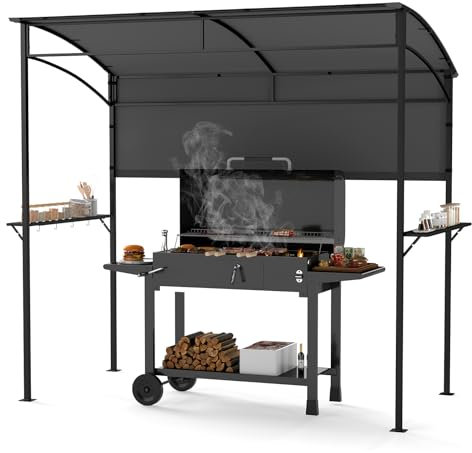 COSTWAY Grill Gazebo, Outdoor BBQ Shelter with Serving Shelf and Storage Hooks, Metal Frame Barbecue Canopy Sunshade Awning for Garden Patio Party (Grey, 239 x 108cm, with Extra Shadow)