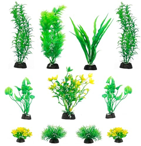 FENGQQKJ Decorazione per acquario Accessori per acquari Piante acquatiche artificiali Mini stagno Piante di plastica Acquario Decorazioni per tartarughe Verde Giallo Acquari 11 pezzi