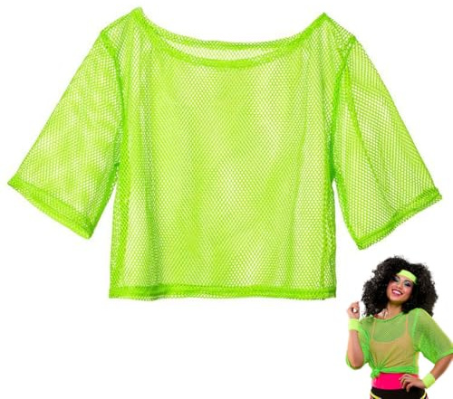 IKOPFLN 1 Pièce Haut en résille pour Femme, Manches Courtes en résille, T-Shirt pour Festival, Carnaval, Vert fluorescent, XL