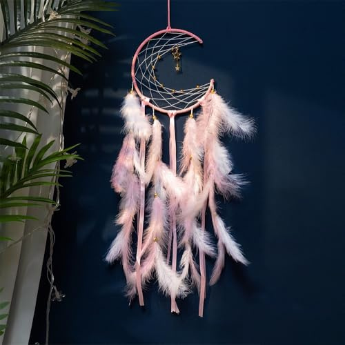 MSLSOZ Acchiappasogni rosa a forma di luna, con ciondoli a forma di stella e nappe e piume in 2 colori, perfetto per la camera delle ragazze, decorazione per la casa, regali di compleanno e