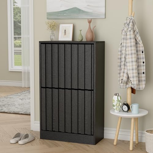 UEV Skoställ Entré med 2 Randiga Deisgn-lådor, Vardagsrum Combia Skoställ Elegans och Praktiskt, Stabilt och säkert Skoskåp med Tippsäker design, 52 x 24 x 86,5 cm, svart