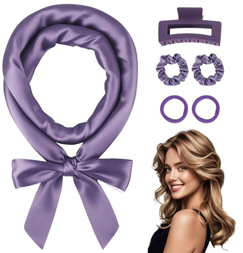 Ystrybo Heatless Curls Lockenwickler über Nacht, Locken ohne Hitze Heatless Overnight Curls Band für lange Haare, Lokenband Haar Loken über Nacht, 6 PCS Haarnudel Lockenwickler ohne Hitze Set - Lila
