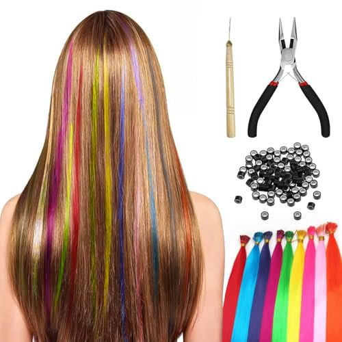 100 Mechas De Pelo De Colores Para Trenzar, Mechas Para Clip En Niños, Set De Extensiones De Colores Con Pinza Y Gancho, Extensiones De Cabello Para Fiesta Festival (12 Colores Aleatorios)