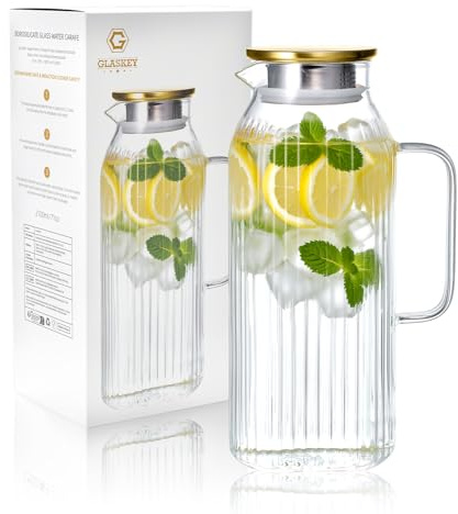 GLASKEY 2.1 Litre Carafe en Verre avec Couvercle et Anse, Carafe Eau Classique Rayée avec Poignée pour le Réfrigérateur, Pichet à jus Anti-fuite, pour Boisson Maison,thé Glacé,Vin,Café,Lait