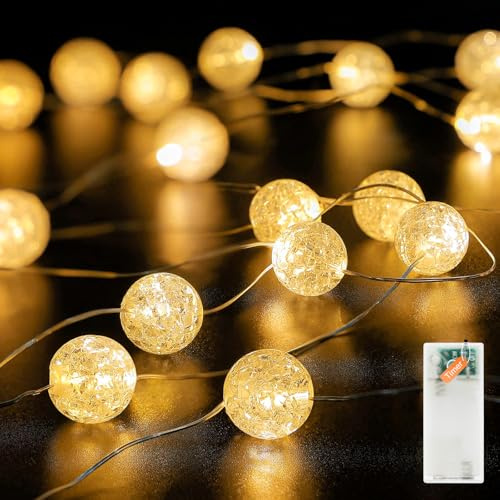 Auting Catena luminosa con sfere di cristallo, 2 m, con 20 luci a LED con timer, decorazione per interni, Natale, San Valentino, camera da letto, bianco caldo, 1 pezzo