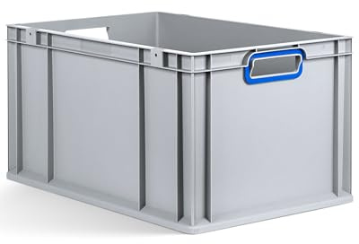 aidB Eurobox NextGen 2.0 - 600x400x320mm – Stapelbare 65L Kunststoffbox mit offenen Griffen – Lagerbox für Aufbewahrung, Transport & Organisation – Industriequalität - inkl. ColorClips in Blau