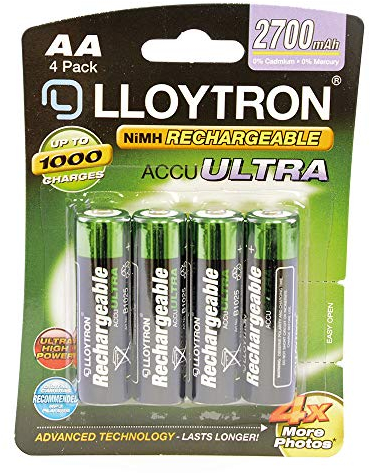 LLOYTRON NiMH Rechargeable AccuUltra Batteries / AA Size / 2700mAh / 4 Pack - B1025, Green
