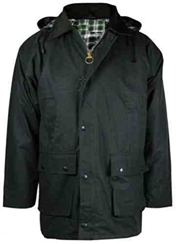 New Mens Waxed Cotton Padded Jacket Coat with Hood Outdoor Countryside Oiled Fishing Hunting Shooting Farming Riding Check Lining (Olive Medium)