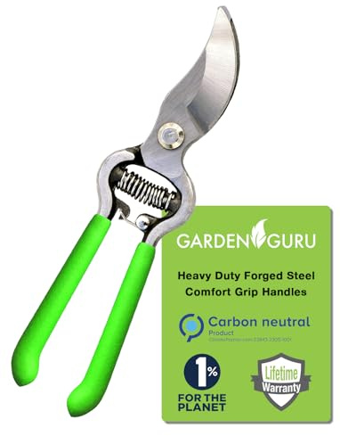 GARDEN GURU Classic Bypass Pruning Shears Clippers – Heavy Duty Forged Steel Garden Pruners – Safety Lock – Non Slip Comfort Grips – Cuts up to 1” Diameter – Professional Bypass Pruners for Gardening