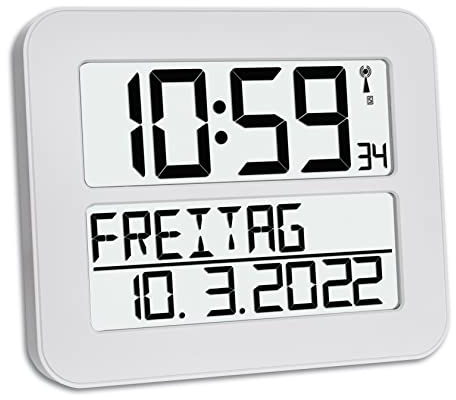 TFA Dostmann orologio digitale da parete TIMELINE MAX, radiocontrollato, 60.4512.02, per un facile orientamento dell'ora, adatto agli anziani, con giorno della settimana (anche in italiano), bianco