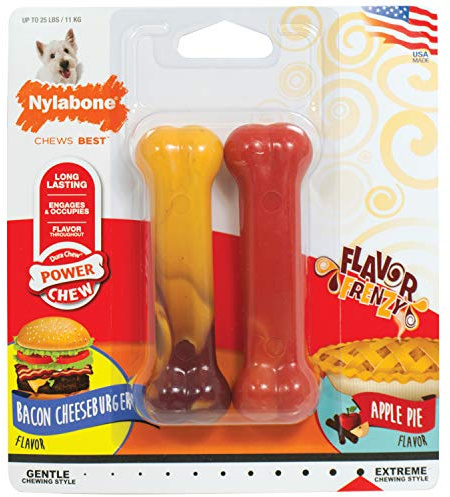 Nylabone Jouet à mâcher résistant Dura, lot de 2, en forme d’os, arômes cheeseburger et pomme, pour les petits chiens (jusqu’à 11kg), Chiens à mâchouillage puissant/extrême