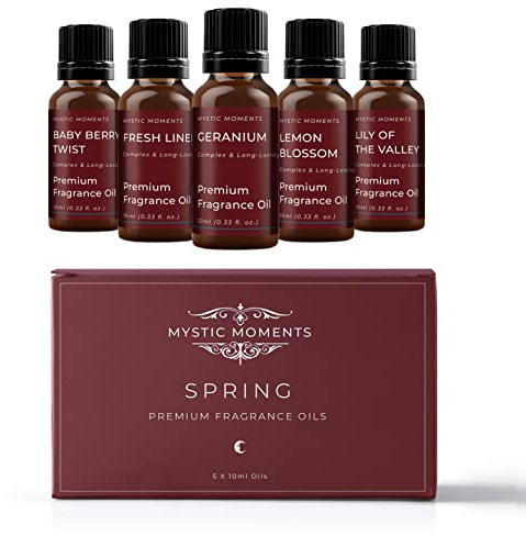 Mystic Moments | Kit Regalo Iniziale di Oli Profumati di Primavera | 5 x 10ml | Baby Berry Twist, Lino Fresco, Geranio, Fiore di Limone, Mughetto | Aroma di Lunga Durata
