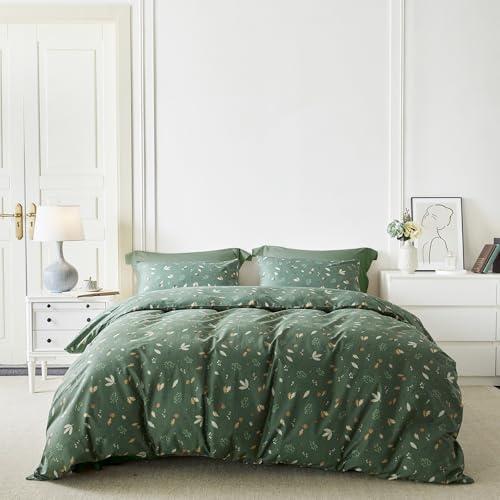 YuHeGuoJi Green Botanical Duvet Cover Queen 100% Cotton 3 Pcs Set 1 Sage Floral Leaves Print Duvet Cover with Zipper Ties 2 Pillowcases Farmhouse Dark Green Plant Bedding Set Soft