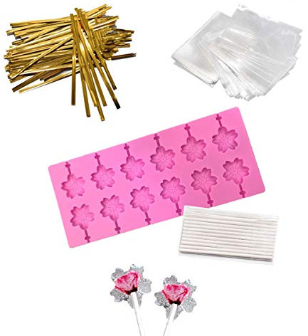 AKINGSHOP Lot de 12 moules à sucettes en silicone avec 50 bâtonnets à sucettes, sacs à friandises, attaches dorées (fleurs de cerisier rose)