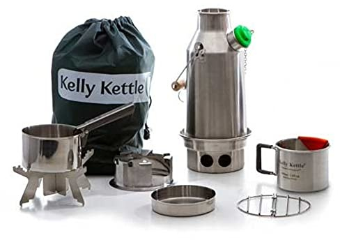 Kelly Kettle Trekker Kettle & Kit – Hervidor de agua pequeño de acero inoxidable de 20 onzas, caldera de camping ligera con silbato, estufa Kelly para pesca, caza, senderismo, equipo de supervivencia