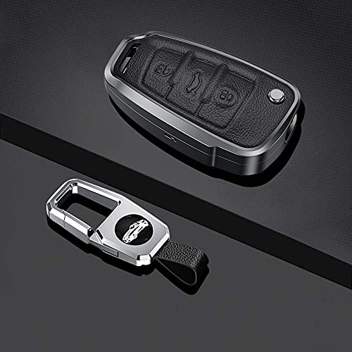 HIBEYO Smart Autoschlüssel Hülle passt für Audi Schutzhülle Schlüsselhülle Cover für A1 A3 A4 A6 Q3 Q5 Q7 S3 R8 TT Seat 3-Tasten Schlüsselbox Schlüsselanhänger Leder Aluminiumlegierung-Schwarz