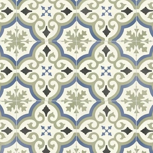 Sol Vinyle First - Effet Carreaux de Ciment arabesques - Vert et Bleu - Rouleau de 3.00m x 4m