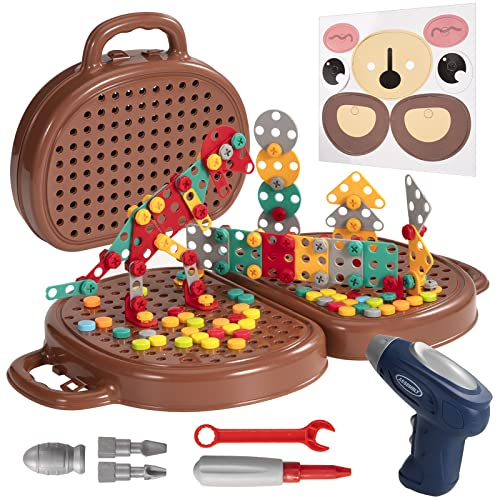 Juguetes Construcción Puzzles 3D Mosaicos con Taladro Eléctrico para Niños 3 4 5 6 7 Años, 205 Piezas Juegos de Mesa Montessori Herramientas Caja de Tornillo Educativos Rompecabezas Infantiles