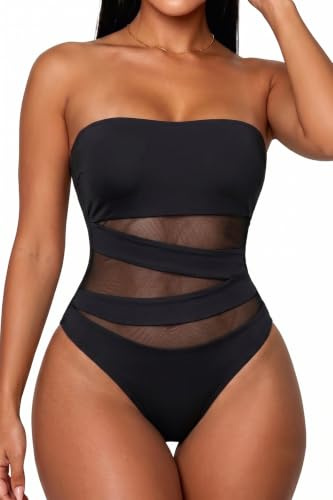 Holipick Women Strapless Bandeau One Piece Swimsuits Sexy Mesh Cutout Bathing Suits Tummy Control Swimwear, Black 1, Medium