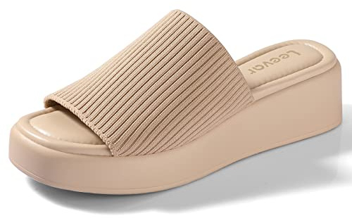 Leevar Women's Tan Platform Sandals, 6 UK, Beige, Casual, Open Toe, Slip On, Memory Foam, Knit, Elastic Strap, 2 Inch Platform Heel