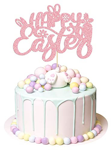 1Pc Happy Easter Cake Topper Pink Glitter Rabbit Carrot Cake Food Pick Bunny Cake Decorations for Happy Easter Themed Baby Shower Kids Birthday Party Supplies