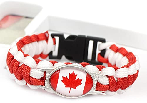 LODMLOER Paracord Geflochtenes Armband, Kanadische Flagge Oval Edelstein Armband Kanadische Flagge Armband, Multicolor Paracord Outdoor Armband Geschenke Für Männer Frauen,22Cm