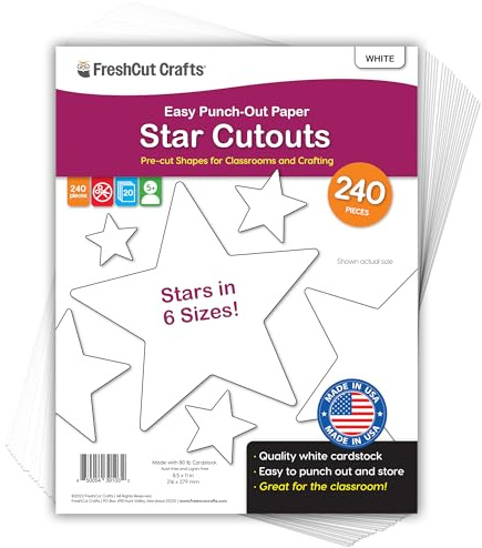 240 Pieces Star Cutouts, 2-Sided US Made Card Stock Punch Out White Stars for Bulletin Boards, Classroom Decor, Back to School DIY Craft Projects, Party Decoration, Hollywood Themed Events
