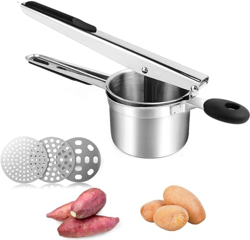 Kartoffelpresse,Spätzlepresse Edelstahl Rostfrei mit 3 Lochscheiben (Fein/Mittel/Grob),Spätzlepresse Kartoffelstampfer Set,Mehrzweck-Kartoffelstampfer für Kartoffelpüree,Babynahrung,Entsaften