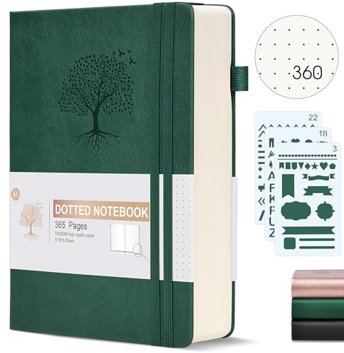 Ansopu Dotted Journal Notebook, 360 Numbered Pages Bullet Dot Grid Journal,100gsm Dot Paper Thick Hardcover Leather Journal for Writing Women Men, A5 Dotted Grid Notebooks for Work 5.75 x 8.38 Green