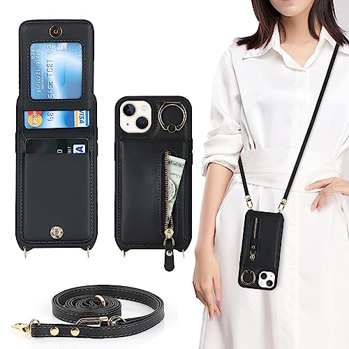 CAVOR Handykette iPhone 13 Mini Hülle Mit Band,Flip Leder Geldborse hülle,[4 Kartenfach][Ring Stander][Schnalle],Klapphülle Handyhülle für iPhone 13 Mini - Schwarz