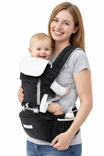 BAABLA Ergonomic Baby Carrier with Hip Seat (8–35 lbs) – Adjustable Cotton Infant & Toddler Carrier with Lumbar Support, Storage Pocket & Bottle Holder – Newborn to Toddler – Black