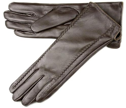 Leder Schaffell Handschuhe Damen Mittellange Warme Handschuhe Herbst und Winter, braun, 34