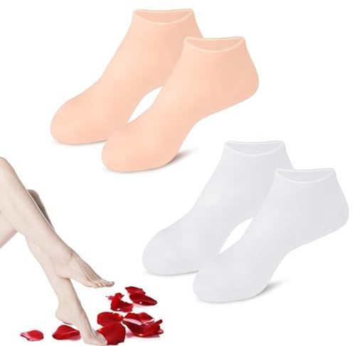 Silikon Socken,2 Paar Silikonsocken für Füße Silikon Feuchtigkeitssocken Feuchtigkeitsspendende Socken für trockene und rissige Füße,Hautfarbe,Weiß