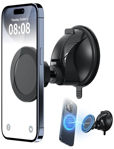 PROfezzion Magnetic Shower Mirror Phone Holder Reusable Suction Cup Phone Mount for iPhone Mag Safe 17 16 15 14 13 & All Phones, Rotating Stand for Glass Window Bathroom Kitchen Makeup Video (Black)