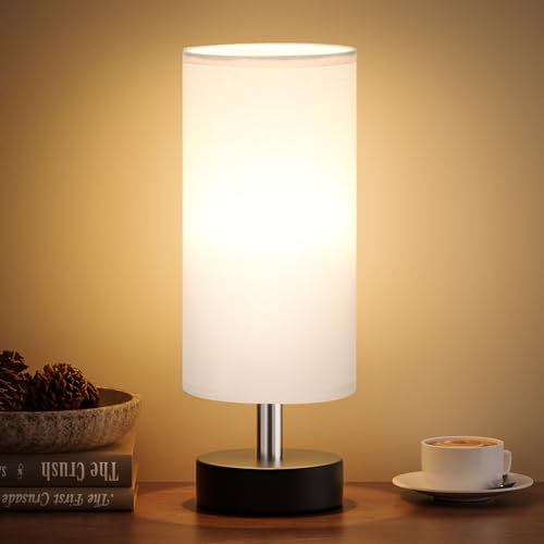 kakanuo Lampada da Comodino, 3 Modalità di Colore, Piccola Lampada da Tavolo con Paralume in Lino Bianco Base Nero, Abat Jour da Comodino con Filo per Camera da Letto Dormitorio Soggiorno Ufficio