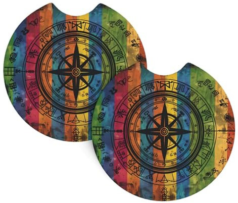 WZYWHJ Sottobicchieri in gomma di qualità per auto, design magico con rune norrene, bussola, gay pride, arcobaleno, motivo arcobaleno, set da 2, facili da pulire, proteggono l'interno del veicolo
