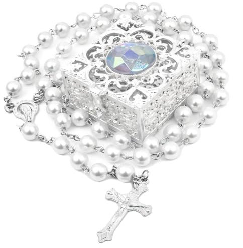 Lucktao Rosenkranz Kette,Rosenkranz Halskette Mit Schmuckschatulle,Weiße Perlen,Rosenkranz Katholisch,Rosary,Kreuz Kette,Kruzifix Kette,Rosenkranz Auto,Orthodoxe Kette,Rosenkranz Kette Herren Damen