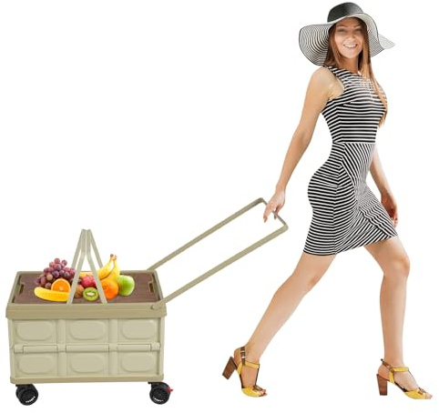 55L Klappbar Einkaufstrolley Kunststoff mit 360° Drehbare Rädern Transportbox Fahrbar mit Teleskopgriff Faltbare Box für Outdoor-Laden Tragfähigkeit bis 35kg (Grün)