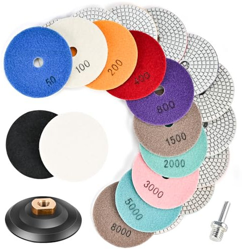 14 tlg Nass Diamant Schleifpad Set | Philtool 100mm Diamant Polierpad | mit M14 Stützteller Wollfilz Adapter | Schleifscheibe 50#-8000# für Fliesen Marmor Beton Bodenschleifer oder Poliermaschine