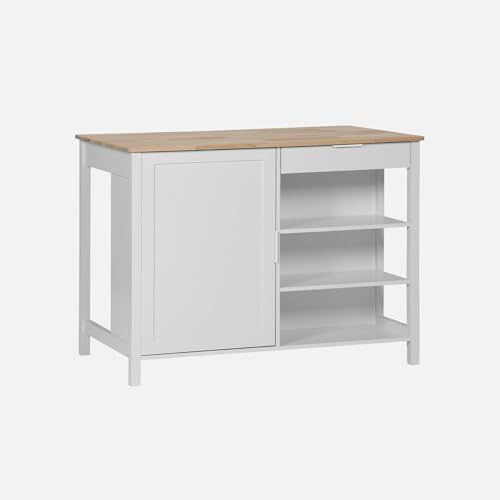 Sweeek - Isla Central de Cocina Moline. Bandeja de madera de caucho. 120 x 75 cm. Blanco. 5 estantes. 1 x Puerta. 1 x cajón 120 x 75 x 90 cm
