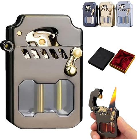 Mechero De Queroseno con Balancín De Metal Mecha, Encendedor De Queroseno con Balancín De Metal Transparente Retro con Tanque De Aceite (Negro)