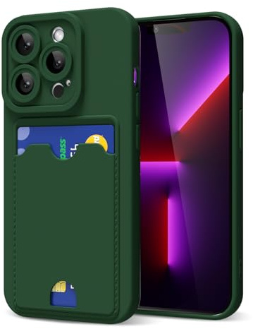 oakxco for iPhone 13 Pro Case with Card Holder, Cute Silicone Wallet Phone Case with Credit Card Slot, Soft Rubber Thin Slim Purse for Women Men with Shockproof Camera Cover Protection, Dark Green