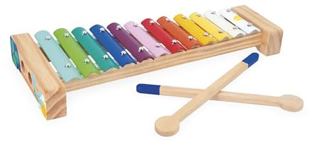 Janod Xylophon aus Holz und Metall-Musikinstrument für Kinder-12 Tasten und 2 Schlägel enthalten-Spielzeug zur Imitation und musikalischen Früherziehung-Wasserfarben-Ab 18 Monaten, J07663