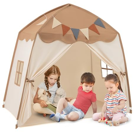 HOMASIS Kinderzelt für Indoor, Spielhaus mit 20 Sternlichtern & 12 Wimpeln & Matte & 2 Fenstern & Vorhang, Spielzelt Prinzessin Zelt für Mädchen & Jungen, Tipi Zelt Kinderhaus Kinderzimmer (Braun)