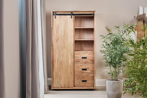 SAM Kleiderschrank Lian | Akazienholz massiv | Farbe: Natur | 100x45x175 cm | 6 Fächer & 3 Schubladen | 1 x Holz-Schiebetür | Baumkante | Gusseiserne Elemente