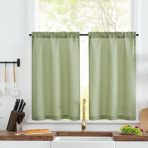 TOPICK Bistrogardine 2er Set Scheibengardinen küchengardinen H60xB65 Grün | Blickdicht Scheibengardinen modern Leinenoptik Lichtdurchlässig Gardine für Küchenfenster kurz Vorhänge Küche Landhausstil