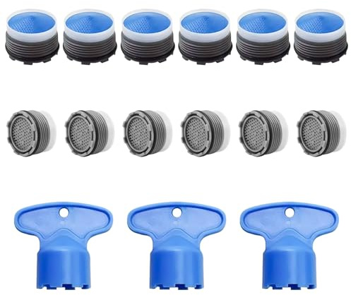 VEGCOO 12 Pcs Mousseur Robinet M16/18, Filtre Robinet Économiseur Eau avec 3 Clé d'Aérateur pour la Cuisine la Salle de Bain (Bleu, M18)