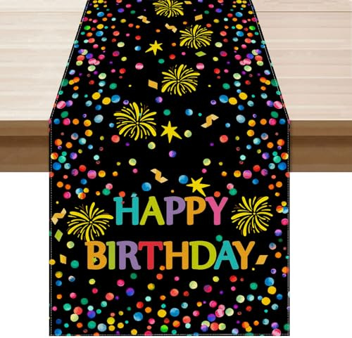 XCHI Colorful Happy Birthday Confetti Firework Table Runner Burlap Table Decoration for Home Kitchen Dining Dinner Indoor Holiday Party Farmhouse Decor 13x108 Inch